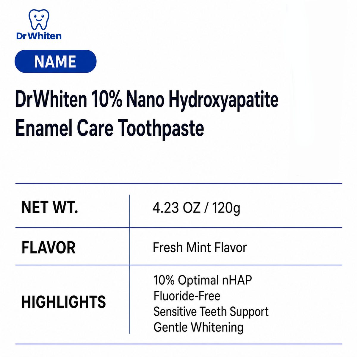 DrWhiten Safe Whitening Toothpaste product specifications - 120g/4.23 oz