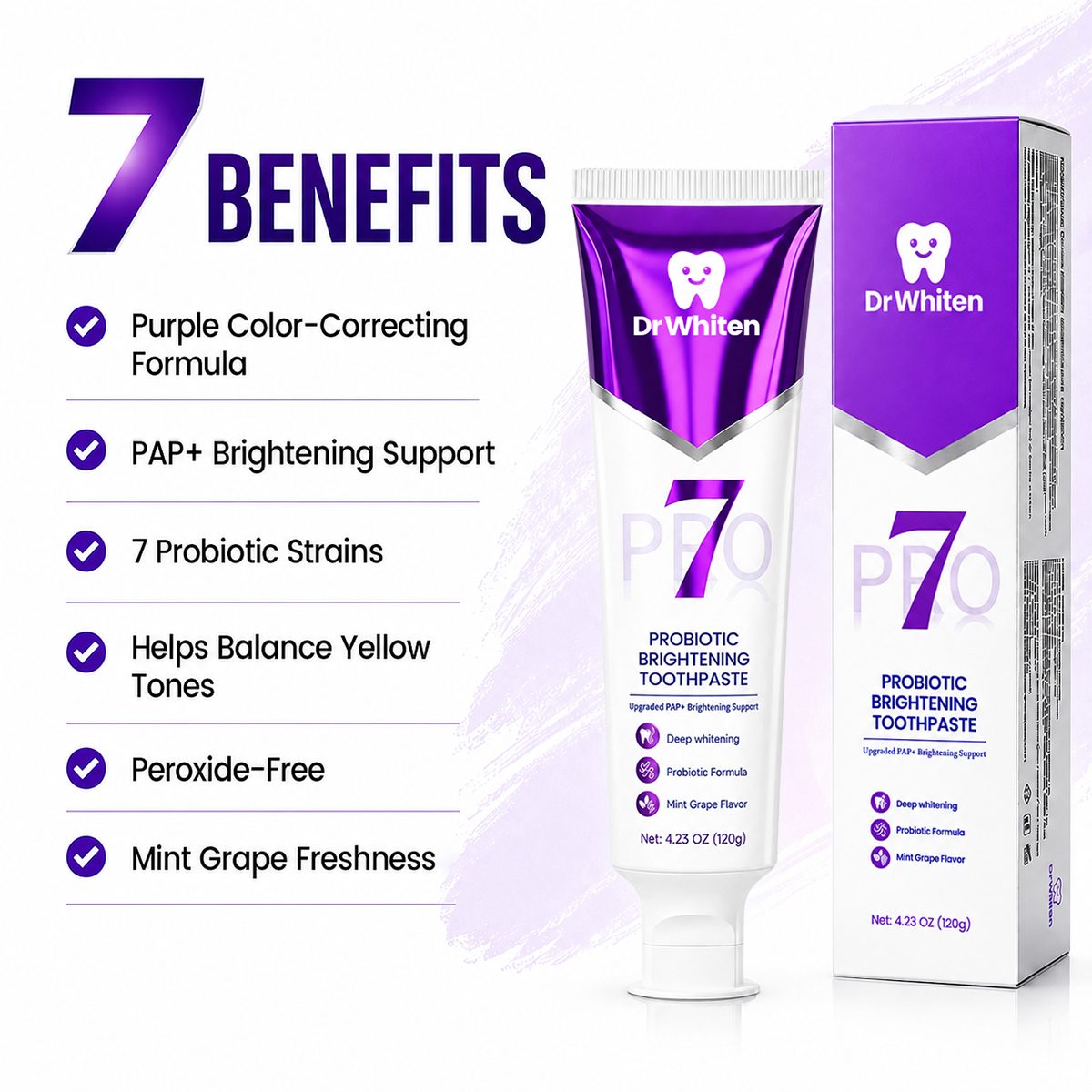 DrWhiten Probiotic Brightening Toothpaste 7 benefits - PAP+, 7 probiotic strains, mint grape