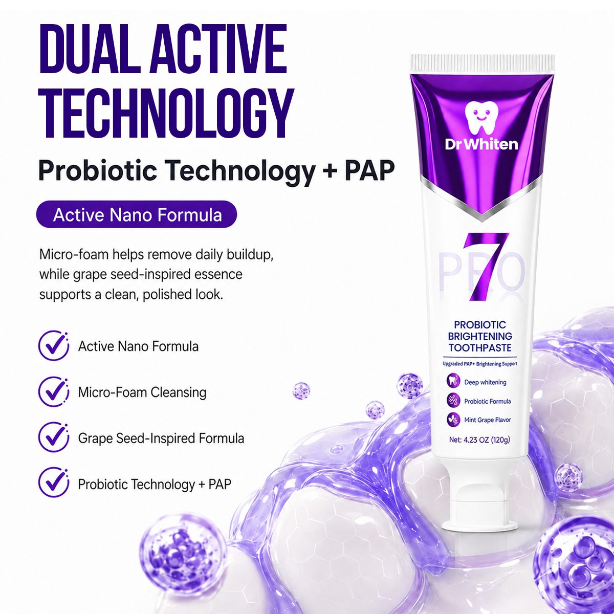 DrWhiten Probiotic Brightening Toothpaste packshot - mint grape flavor