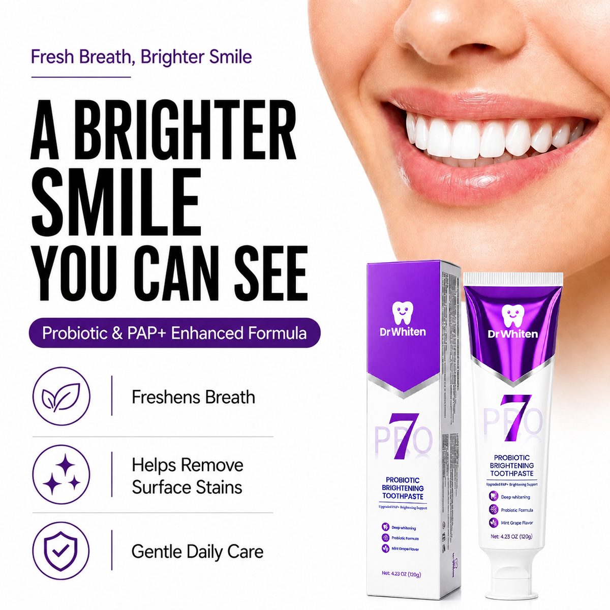 DrWhiten Probiotic Brightening Toothpaste specifications - 7 probiotic strains